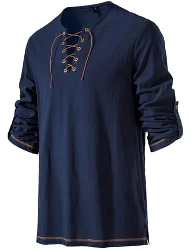 JEMITOP Men's Pure Cotton Vintage Renaissance Costume Shirt Navy Blue XXL | Breathable Fabric for Indian Climate thumbnail 3