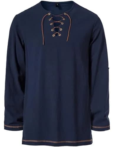 JEMITOP Men's Pure Cotton Vintage Renaissance Costume Shirt Navy Blue XXL | Breathable Fabric for Indian Climate thumbnail 4