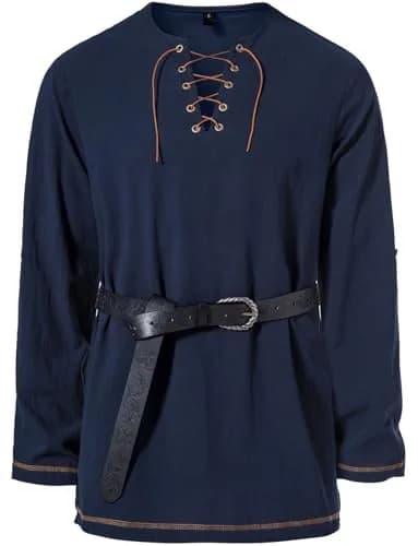 JEMITOP Men's Renaissance Costume Retro Lace Up Shirt Navy Blue L | Authentic USA Import for Indian Cosplay thumbnail 2