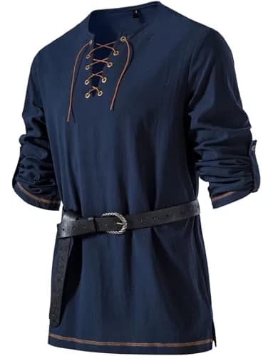 JEMITOP Men's Renaissance Costume Retro Lace Up Shirt Navy Blue L | Authentic USA Import for Indian Cosplay - main product image