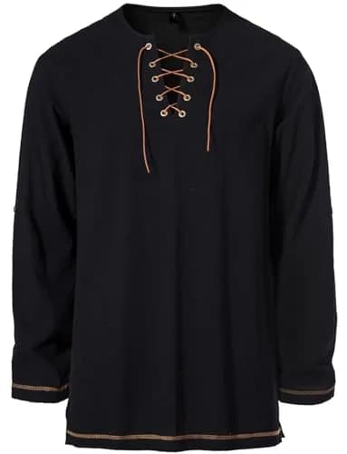 JEMITOP Men's Retro Lace Up Renaissance Costume Shirt Black XL | Pirate Viking Medieval Vampire Halloween Cosplay thumbnail 4