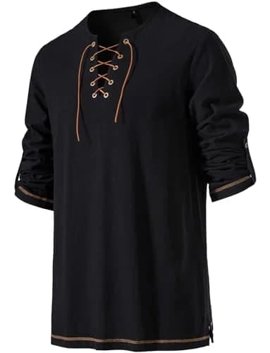 JEMITOP Men's Retro Lace Up Renaissance Costume Shirt Black XL | Pirate Viking Medieval Vampire Halloween Cosplay thumbnail 3
