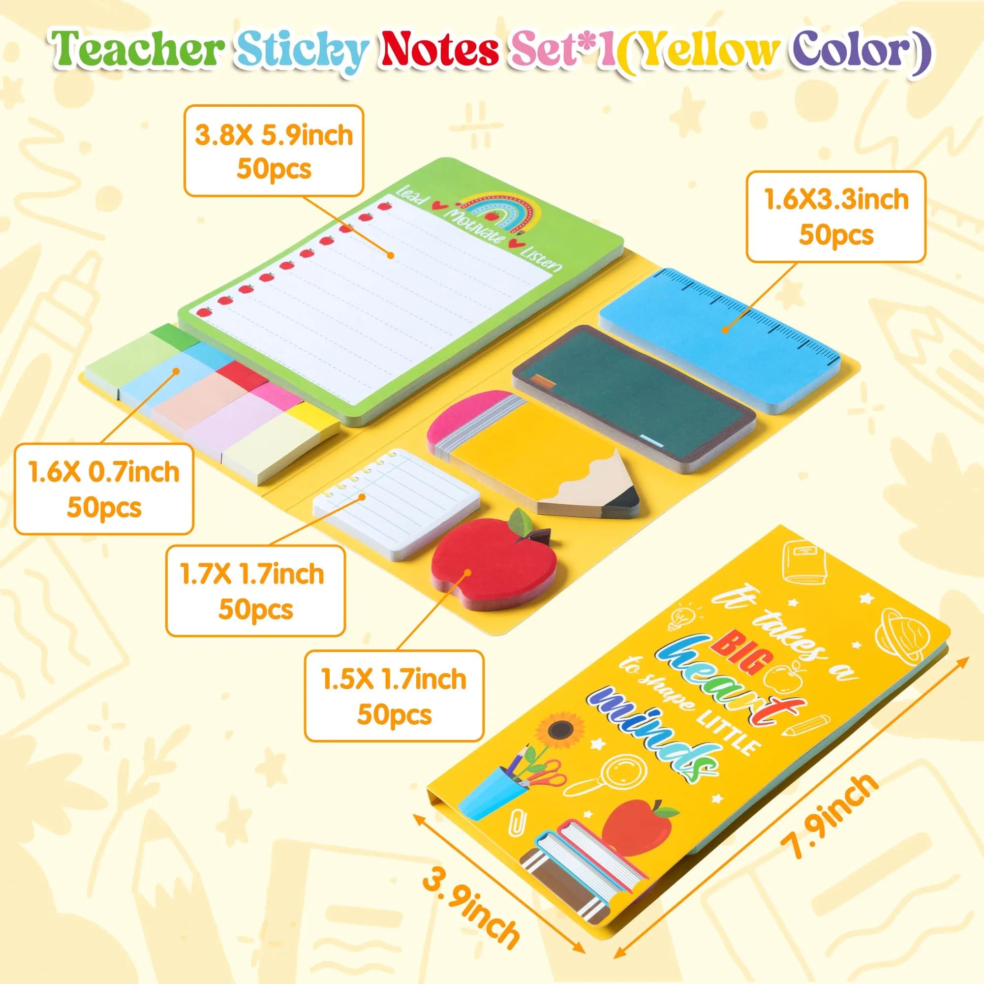 Xqumoi Teacher Themed Sticky Notes Set | Blackboard Pencil Apple Shape Memo Pads (550 Sheets, Yellow) thumbnail 2