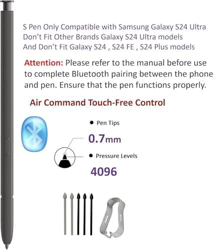 SLQ Replacement S Pen for Samsung Galaxy S24 Ultra 5G with Bluetooth, 4096 Pressure Sensitivity, 5x Tips (Black) thumbnail 2