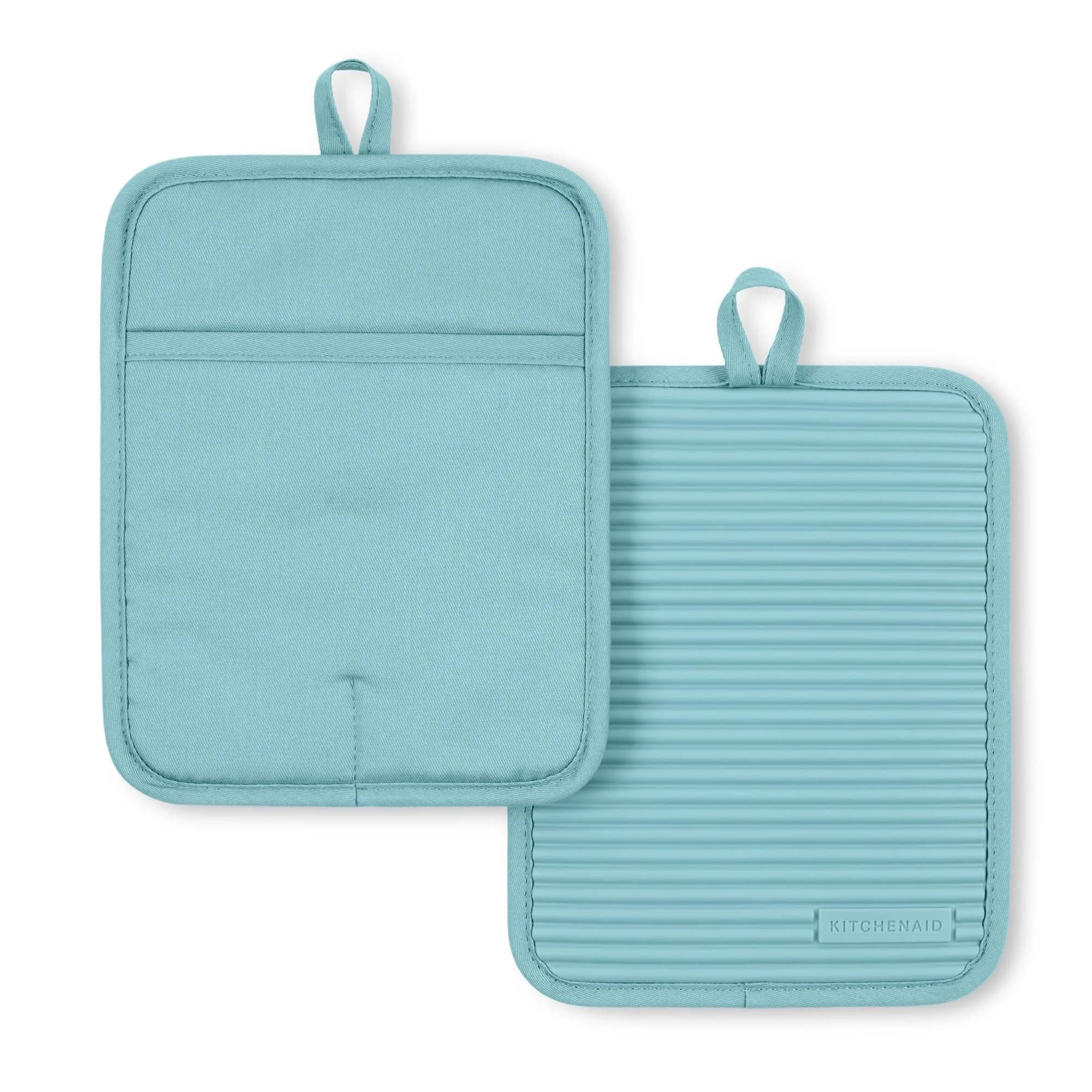 KitchenAid Ribbed Soft Silicone Pot Holder 2-Pack Set, Mineral Water Aqua, 18cm (7") x 23cm (9") | Heat Resistant Up to 260°C (500°F) - main product image