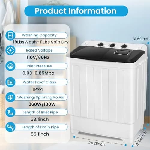 Nictemaw Portable Washing Machine 30Lbs Capacity Twin Tub with Drain Pump | Compact Laundry for Apartments & Dorms thumbnail 9
