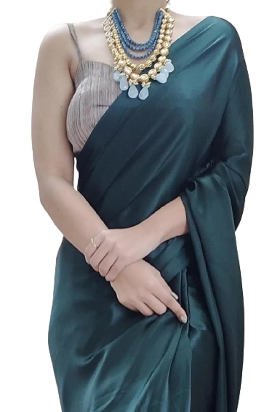 SATAZ Women's 1 Minute Pre-Pleated Silk Satin Saree with Designer Tassels (Blackish Green), One Size - main product image