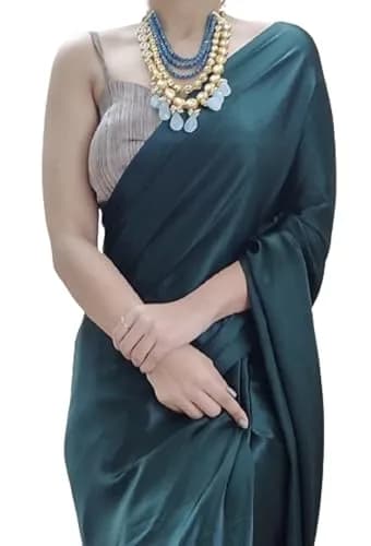 SATAZ Women's 1 Minute Pre-Pleated Silk Satin Saree with Designer Tassels (Blackish Green), One Size thumbnail 1