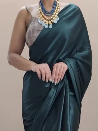 SATAZ Women's 1 Minute Pre-Pleated Silk Satin Saree with Designer Tassels (Blackish Green), One Size thumbnail 4