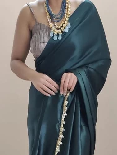 SATAZ Women's 1 Minute Pre-Pleated Silk Satin Saree with Designer Tassels (Blackish Green), One Size thumbnail 5