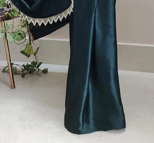 SATAZ Women's 1 Minute Pre-Pleated Silk Satin Saree with Designer Tassels (Blackish Green), One Size thumbnail 6