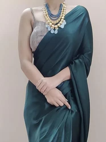 SATAZ Women's 1 Minute Pre-Pleated Silk Satin Saree with Designer Tassels (Blackish Green), One Size thumbnail 2