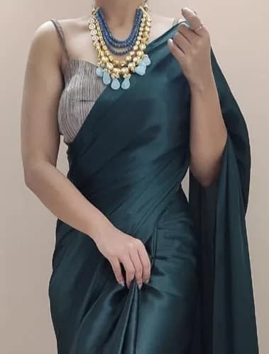 SATAZ Women's 1 Minute Pre-Pleated Silk Satin Saree with Designer Tassels (Blackish Green), One Size thumbnail 3