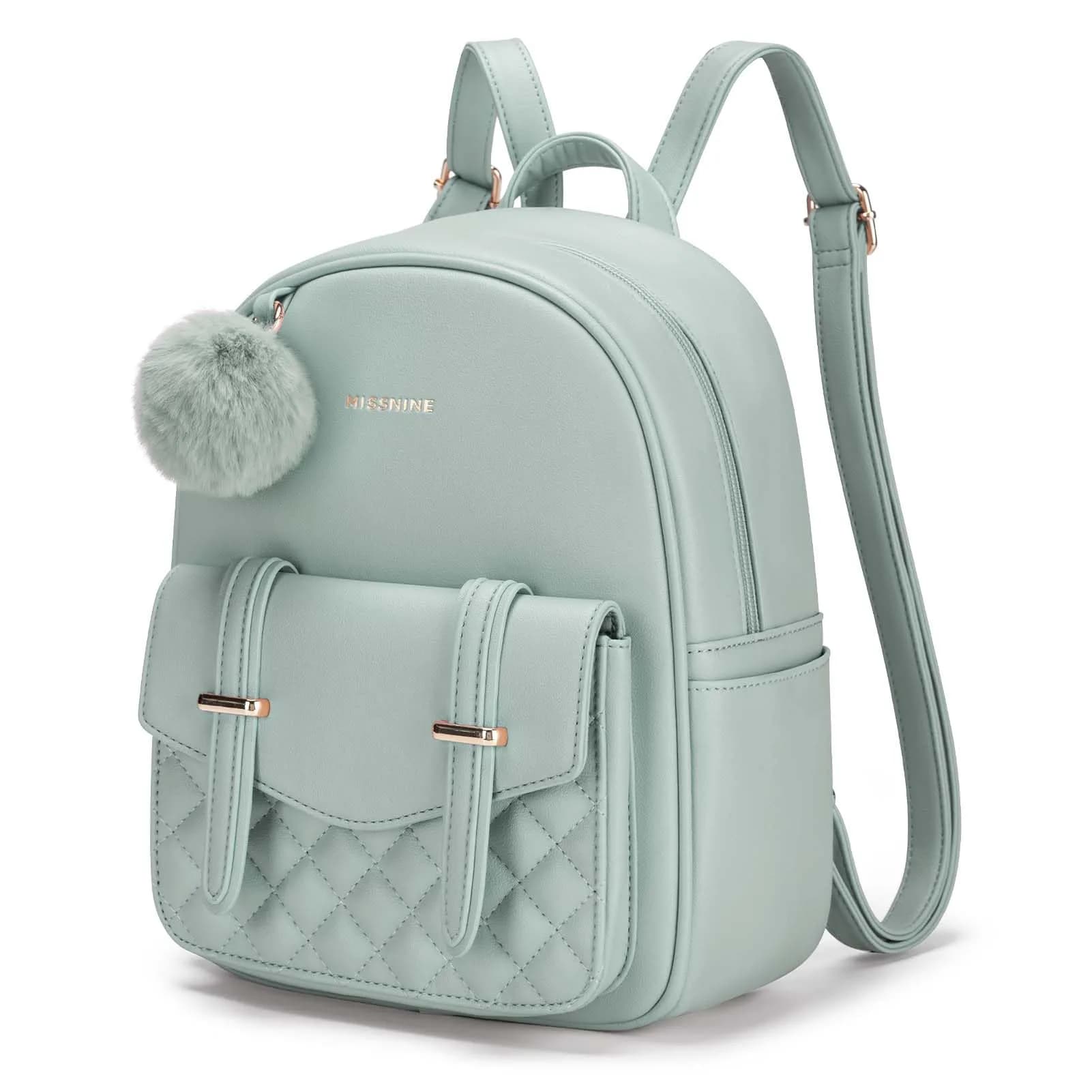 Missnine Mini Backpack for Women Small PU Leather Purse with Pompom, Casual Daypack (8.6"L x 3.9"W x 11"H) | Water-Resistant