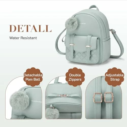 Missnine Mini Backpack for Women Small PU Leather Purse with Pompom, Casual Daypack (8.6"L x 3.9"W x 11"H) | Water-Resistant thumbnail 5
