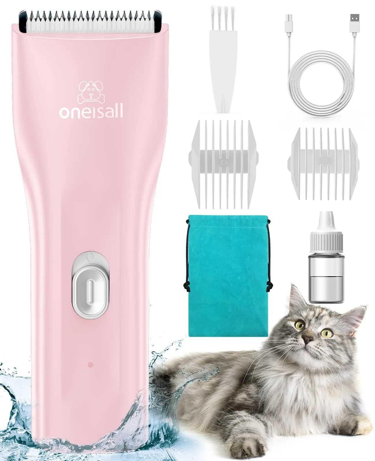 oneisall Pet Clippers for Matted Cat Hair, Quiet Pet Shaver with Storage Bag | 50dB Low Noise, IPX7 Waterproof, USB Rechargeable