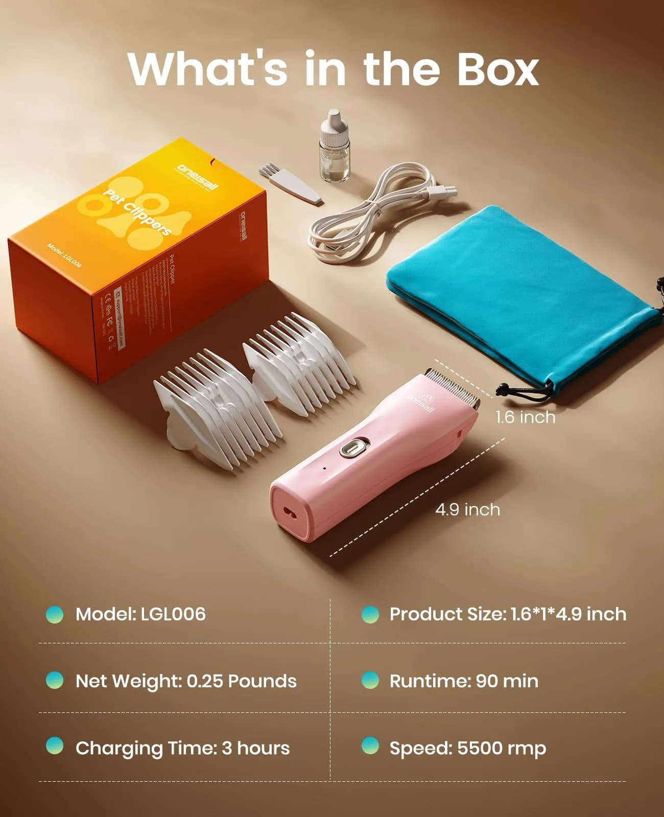 oneisall Pet Clippers for Matted Cat Hair, Quiet Pet Shaver with Storage Bag | 50dB Low Noise, IPX7 Waterproof, USB Rechargeable - view 8