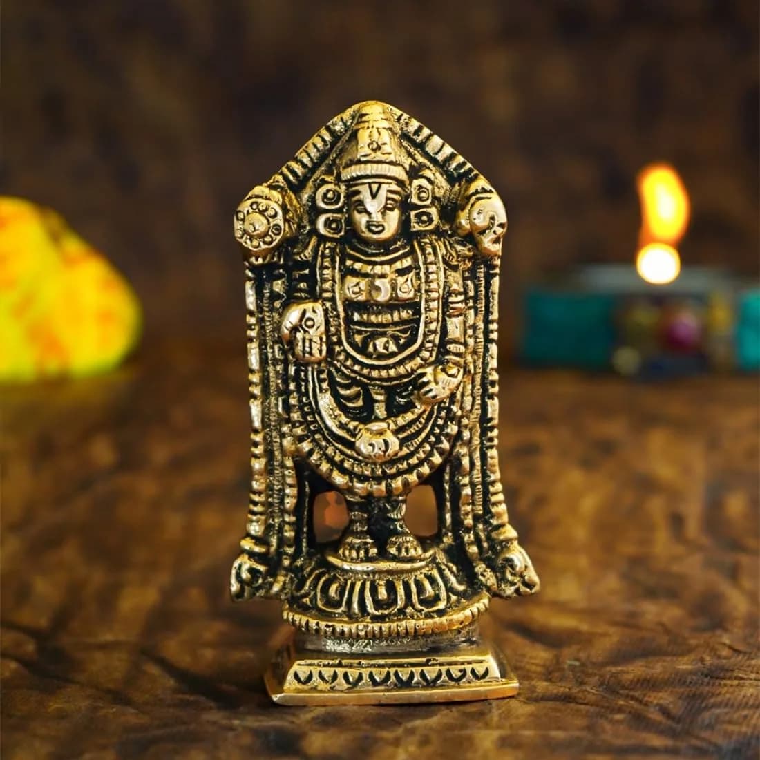 Ekhasa Pure Brass Tirupati Balaji Idol 8 cm (3.15 in) | Lord Venkateswara Statue for Pooja Room & Car Dashboard — Tirupati Balaji