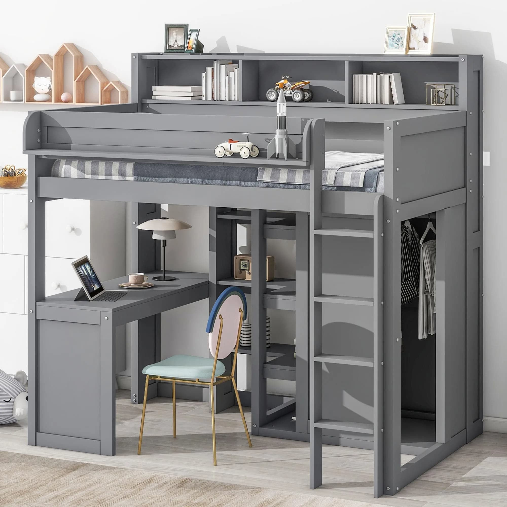 Brisca Twin Size Loft Bed with Storage Shelves and Wardrobe | Space-Saving Kid & Teen Bed Frame