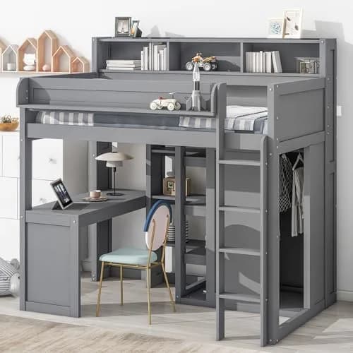 Brisca Twin Size Loft Bed with Storage Shelves and Wardrobe | Space-Saving Kid & Teen Bed Frame thumbnail 1