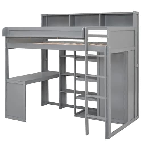 Brisca Twin Size Loft Bed with Storage Shelves and Wardrobe | Space-Saving Kid & Teen Bed Frame thumbnail 4