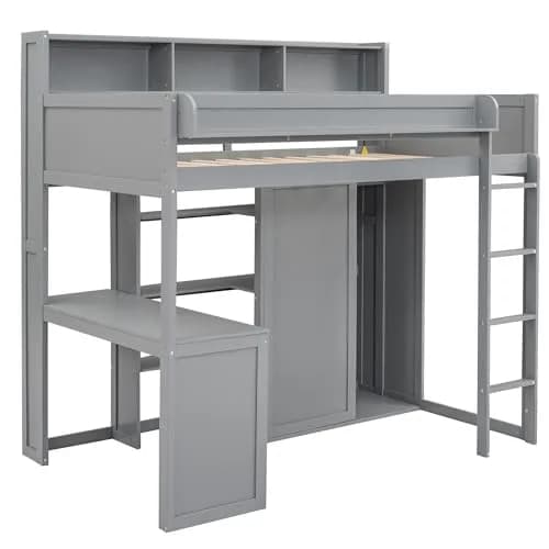 Brisca Twin Size Loft Bed with Storage Shelves and Wardrobe | Space-Saving Kid & Teen Bed Frame thumbnail 6