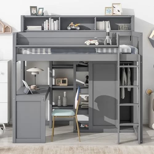 Brisca Twin Size Loft Bed with Storage Shelves and Wardrobe | Space-Saving Kid & Teen Bed Frame thumbnail 2