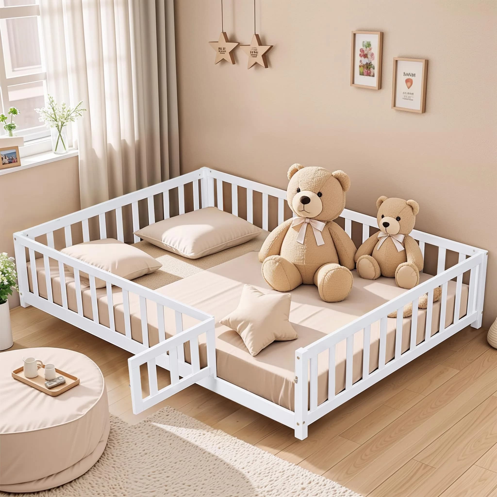 Brisca Full Size Floor Platform Bed with Fence & Lockable Door | Montessori Wooden Bed Frame for Kids