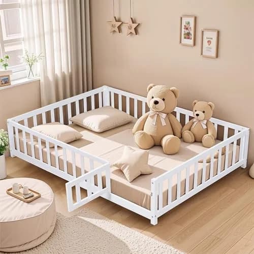 Brisca Full Size Floor Platform Bed with Fence & Lockable Door | Montessori Wooden Bed Frame for Kids thumbnail 1