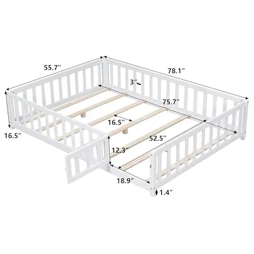 Brisca Full Size Floor Platform Bed with Fence & Lockable Door | Montessori Wooden Bed Frame for Kids thumbnail 2