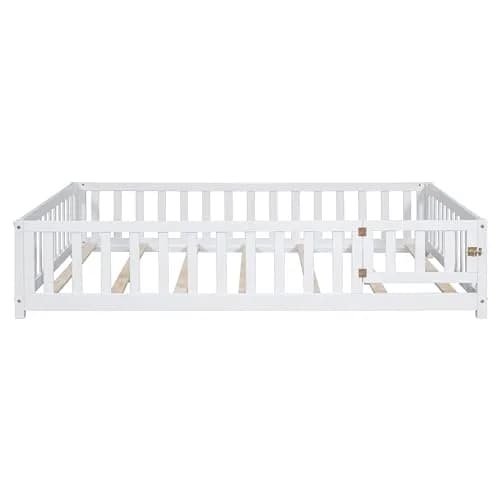 Brisca Full Size Floor Platform Bed with Fence & Lockable Door | Montessori Wooden Bed Frame for Kids thumbnail 3