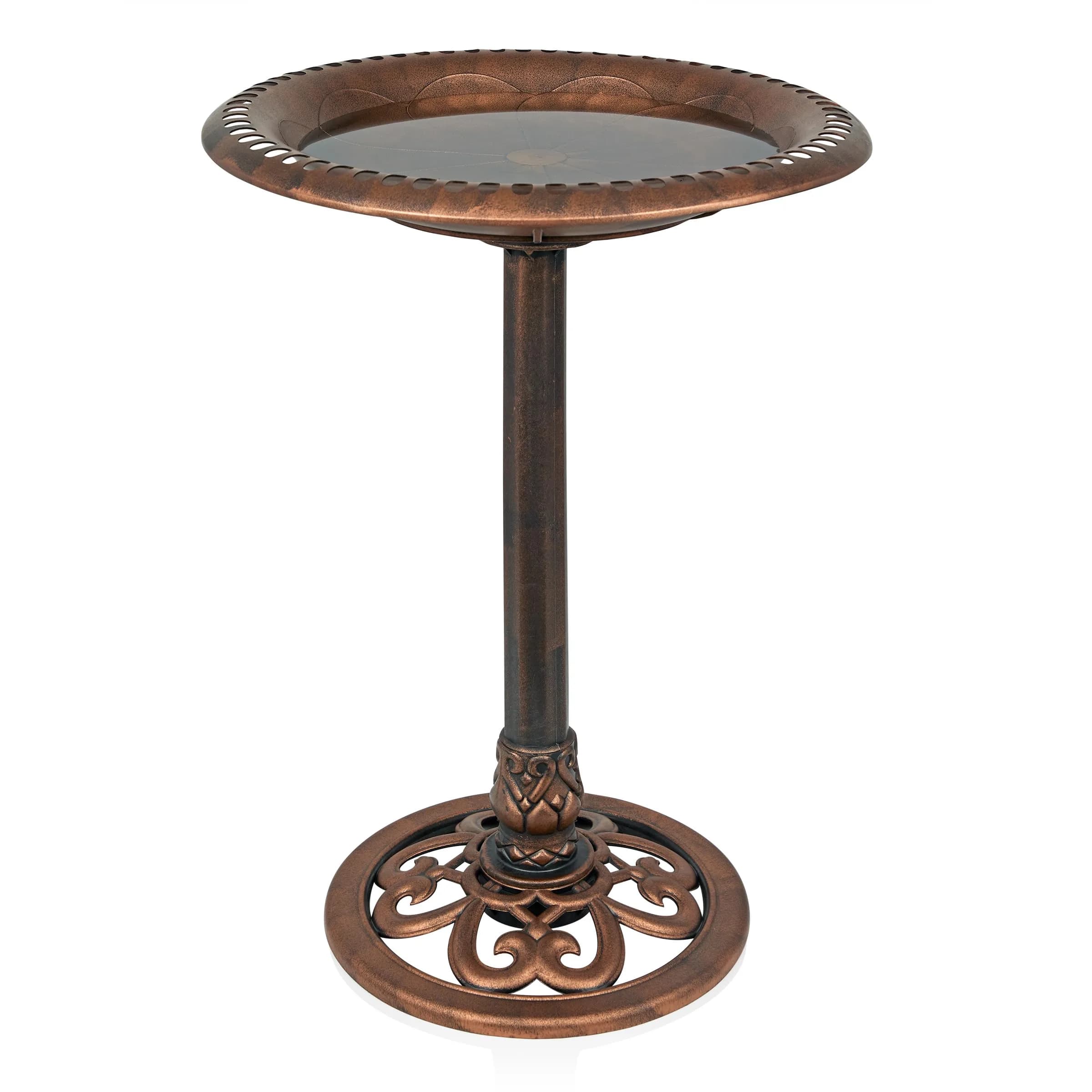 Alpine Corporation 28" Bronze Outdoor Pedestal Birdbath with Scrollwork Base & Ground Stakes | 71 cm (28") Height, 50.8 cm (20") Diameter - main product image