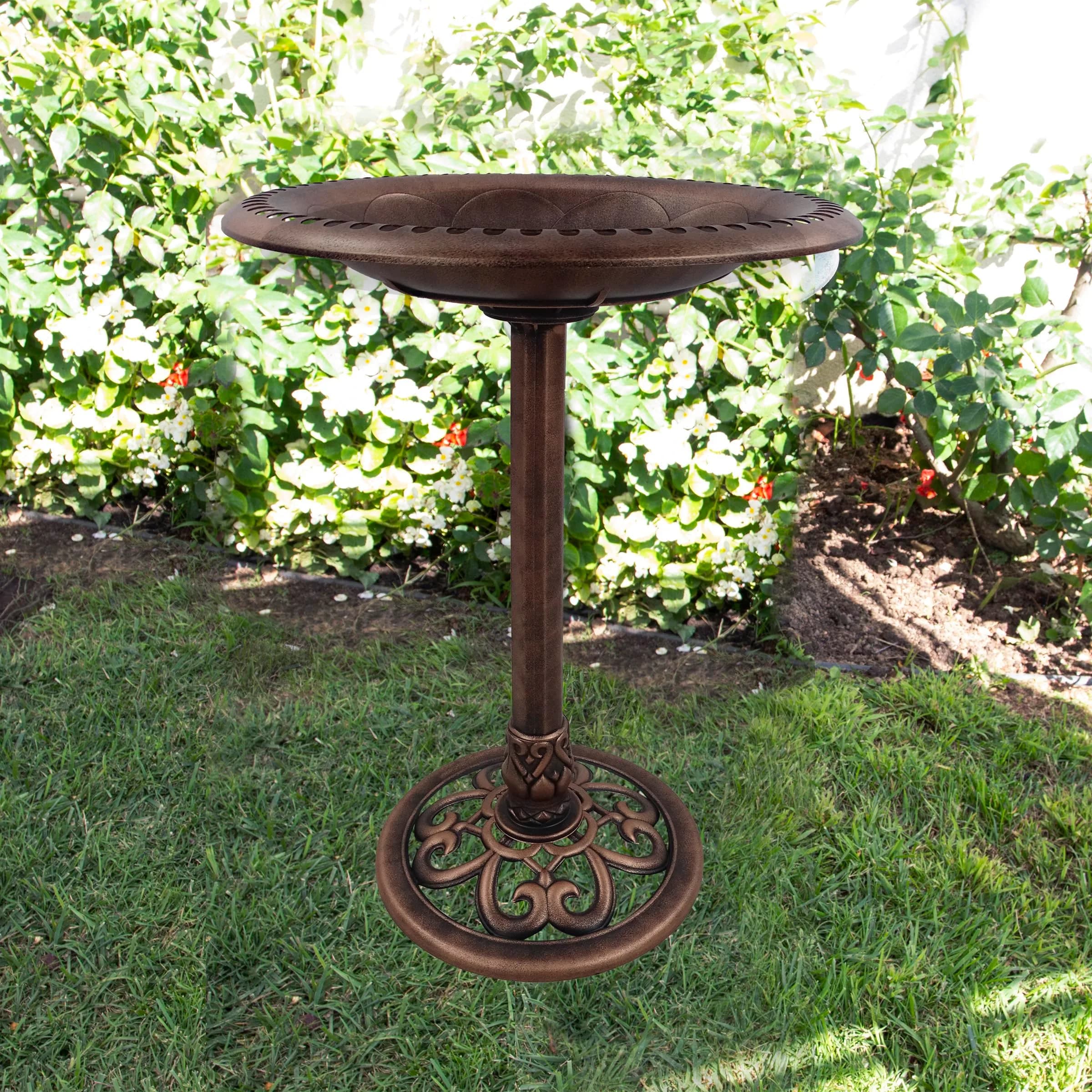 Alpine Corporation 28" Bronze Outdoor Pedestal Birdbath with Scrollwork Base & Ground Stakes | 71 cm (28") Height, 50.8 cm (20") Diameter - view 6