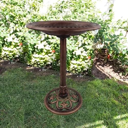 Alpine Corporation 28" Bronze Outdoor Pedestal Birdbath with Scrollwork Base & Ground Stakes | 71 cm (28") Height, 50.8 cm (20") Diameter thumbnail 6