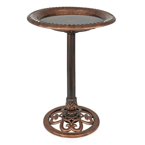 Alpine Corporation 28" Bronze Outdoor Pedestal Birdbath with Scrollwork Base & Ground Stakes | 71 cm (28") Height, 50.8 cm (20") Diameter thumbnail 1