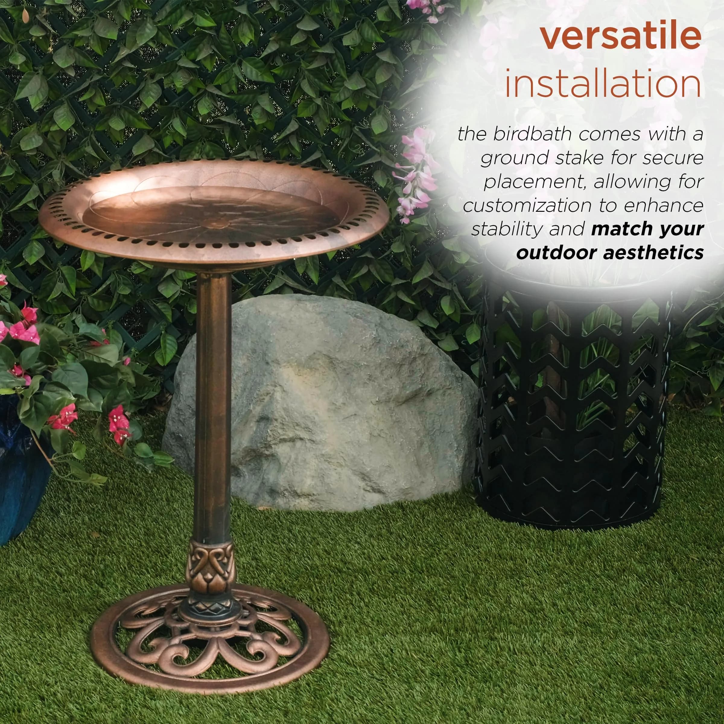 Alpine Corporation 28" Bronze Outdoor Pedestal Birdbath with Scrollwork Base & Ground Stakes | 71 cm (28") Height, 50.8 cm (20") Diameter - view 8