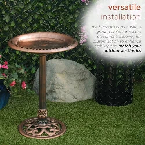 Alpine Corporation 28" Bronze Outdoor Pedestal Birdbath with Scrollwork Base & Ground Stakes | 71 cm (28") Height, 50.8 cm (20") Diameter thumbnail 8