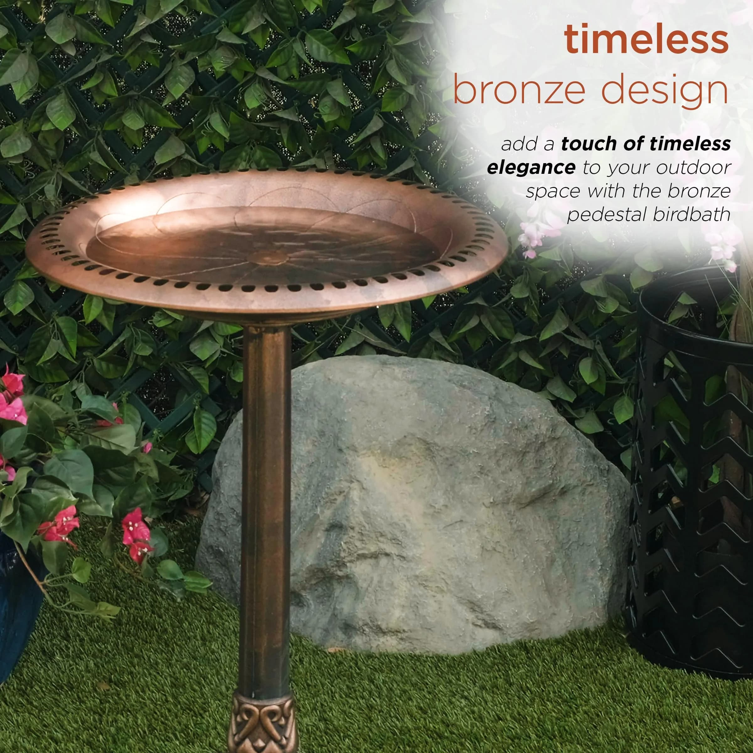 Alpine Corporation 28" Bronze Outdoor Pedestal Birdbath with Scrollwork Base & Ground Stakes | 71 cm (28") Height, 50.8 cm (20") Diameter - view 9