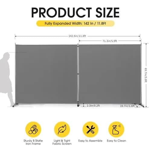 Rantila Gray 2-Panel Folding Room Divider 366cm (142" W x 71" H) | Freestanding Privacy Screen for Home & Office thumbnail 2