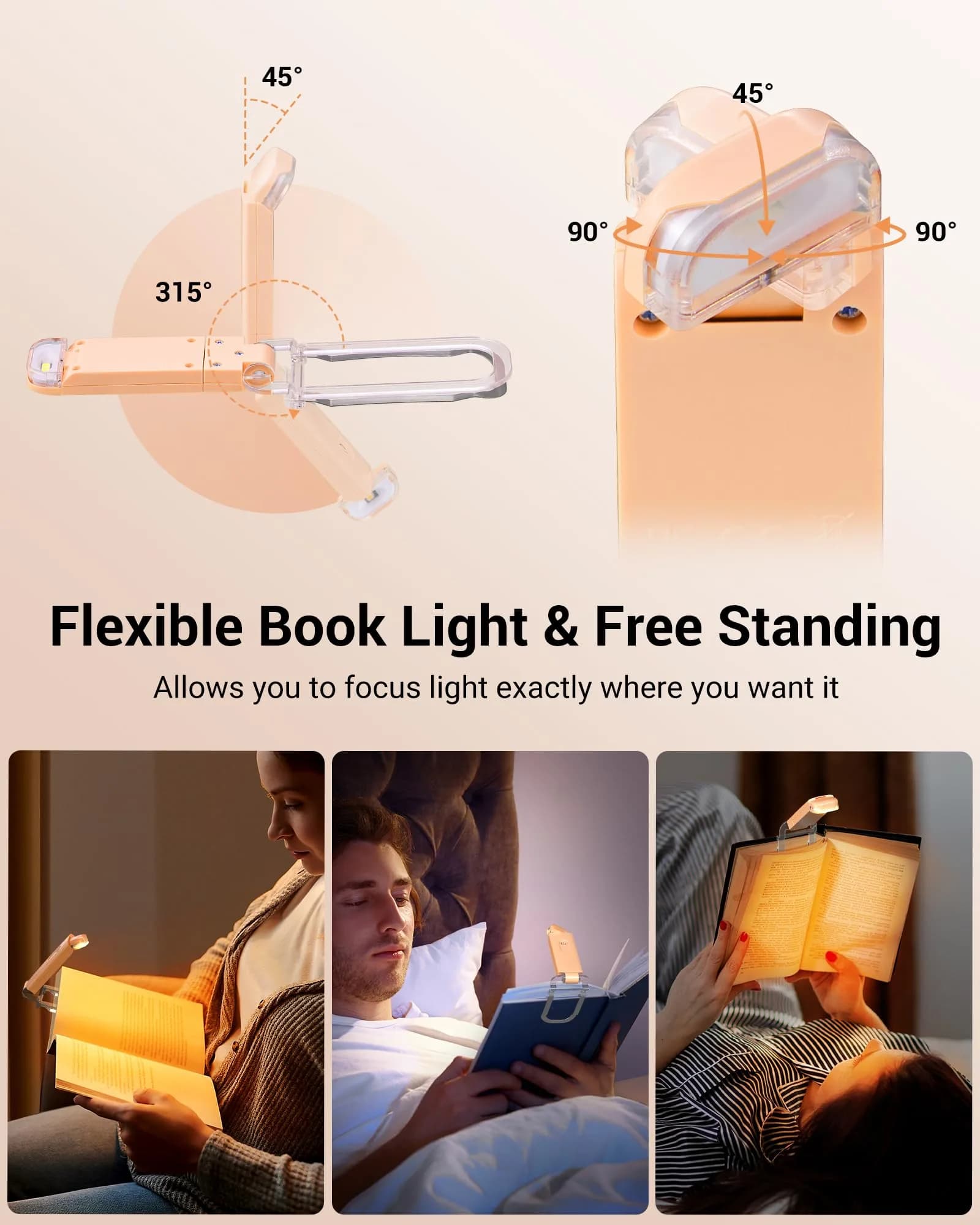 DEWENWILS Peach Fuzz Clip-On Book Reading Light with USB Rechargeable Battery - view 4