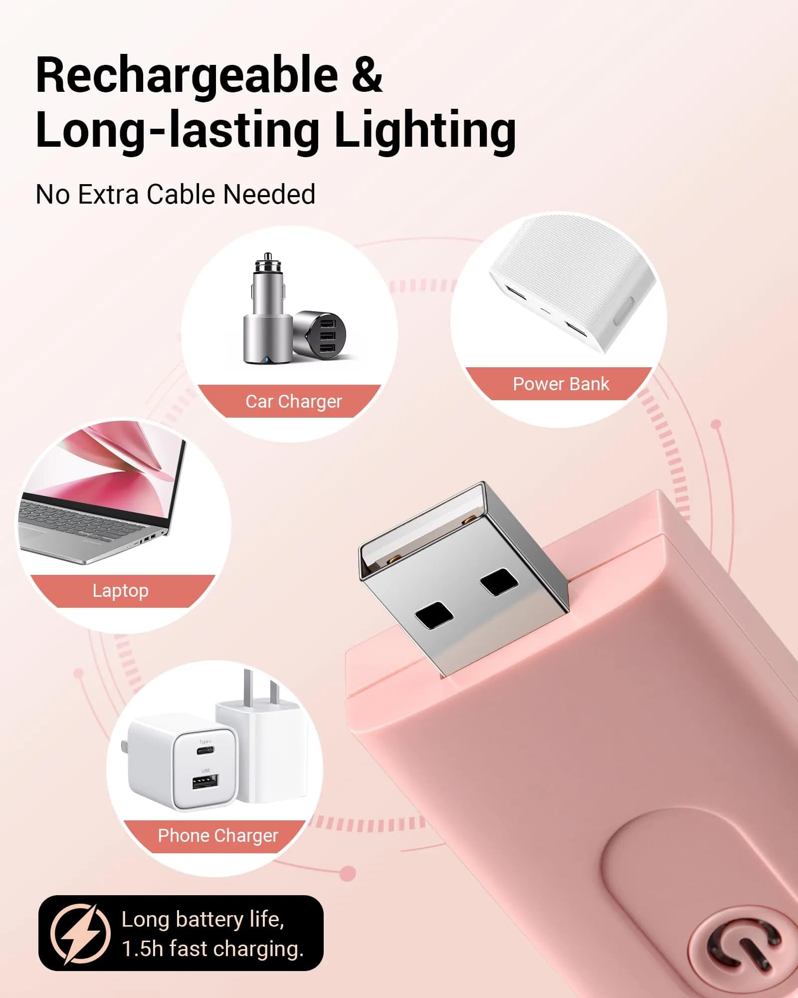 DEWENWILS Light Pink Clip-On Book Reading Light with USB Rechargeable Battery - view 3