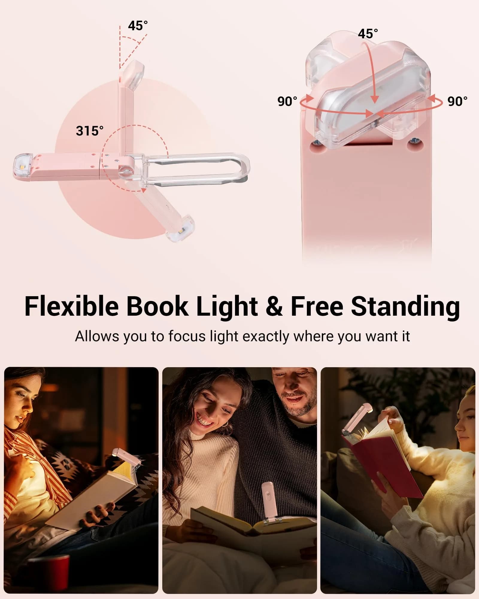 DEWENWILS Light Pink Clip-On Book Reading Light with USB Rechargeable Battery - view 4