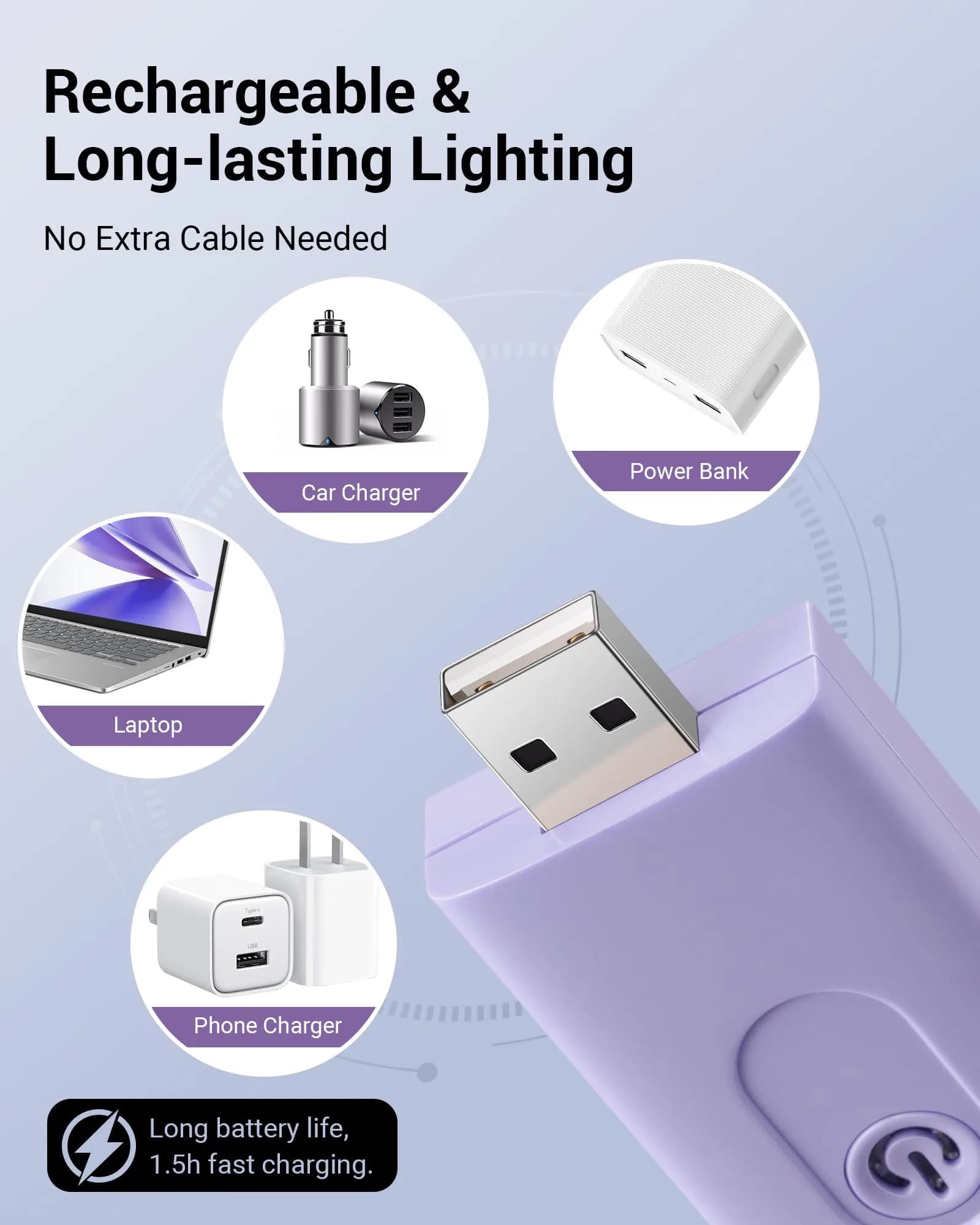 DEWENWILS Purple Clip-On Book Reading Light with USB Rechargeable Battery & Adjustable Brightness - view 3