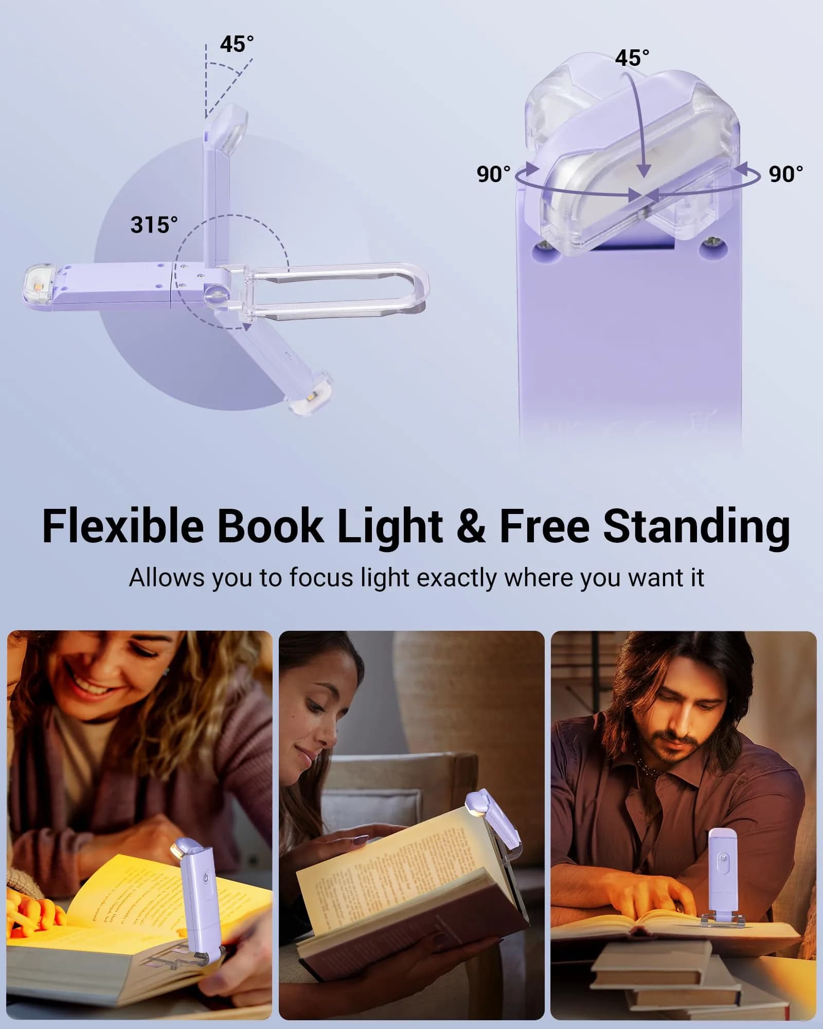 DEWENWILS Purple Clip-On Book Reading Light with USB Rechargeable Battery & Adjustable Brightness - view 4