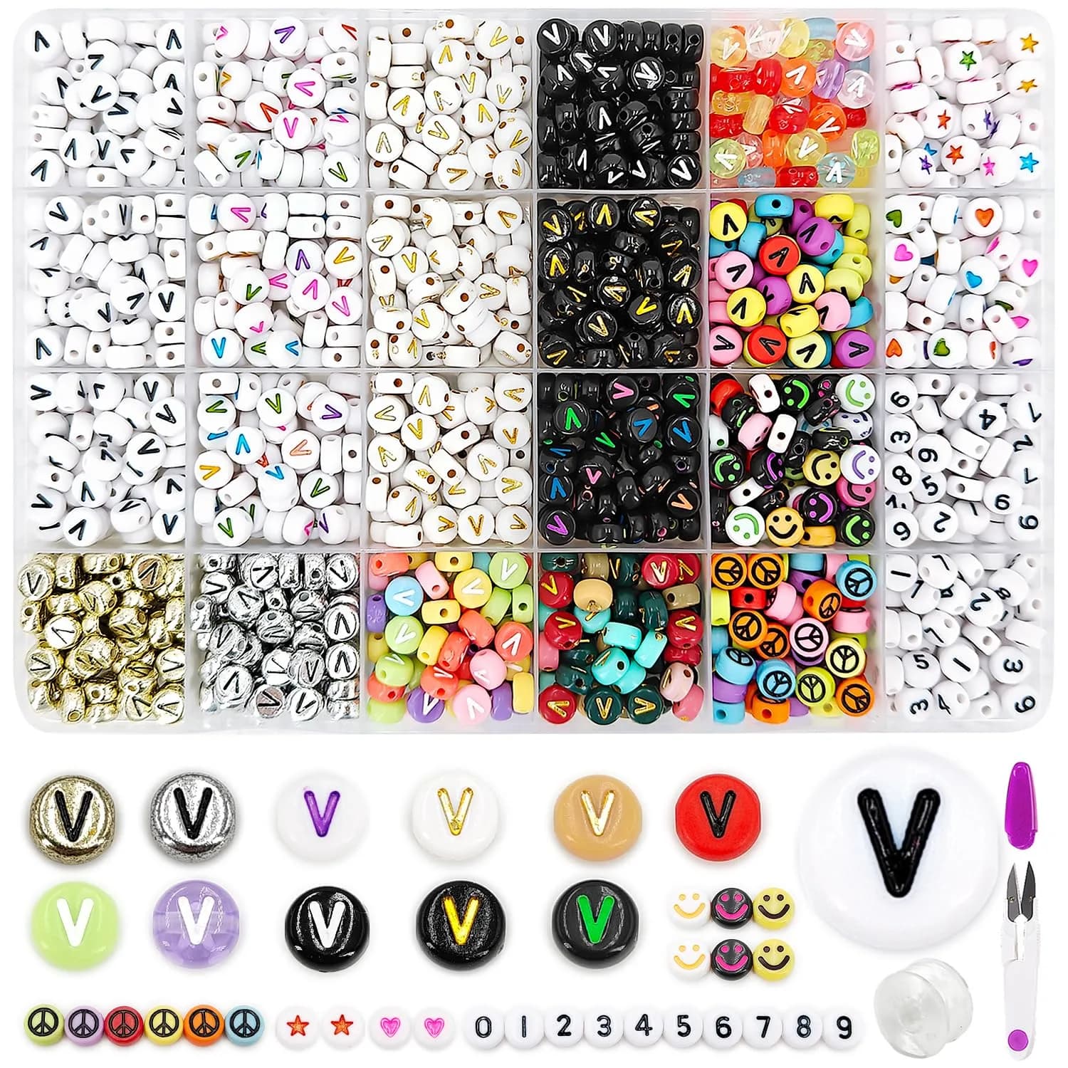 MIIIM Craft Bead Set 1200pcs 12 Styles Letter V & More | Acrylic, Round, 7mm Diameter