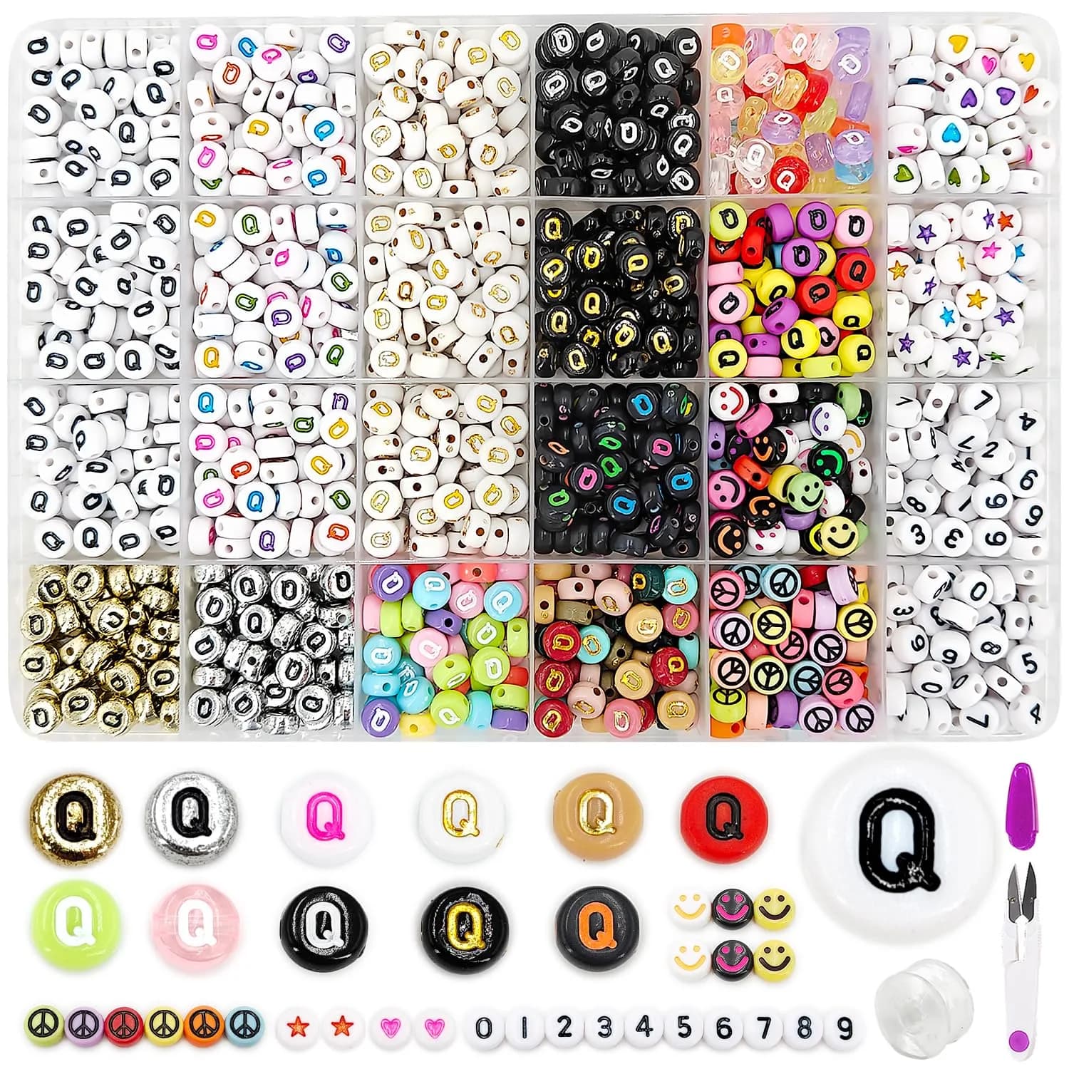 MIIIM Letter Q Alphabet Beads 1200pcs | 12 Styles, 7mm Diameter, Acrylic for Bracelets & Crafts