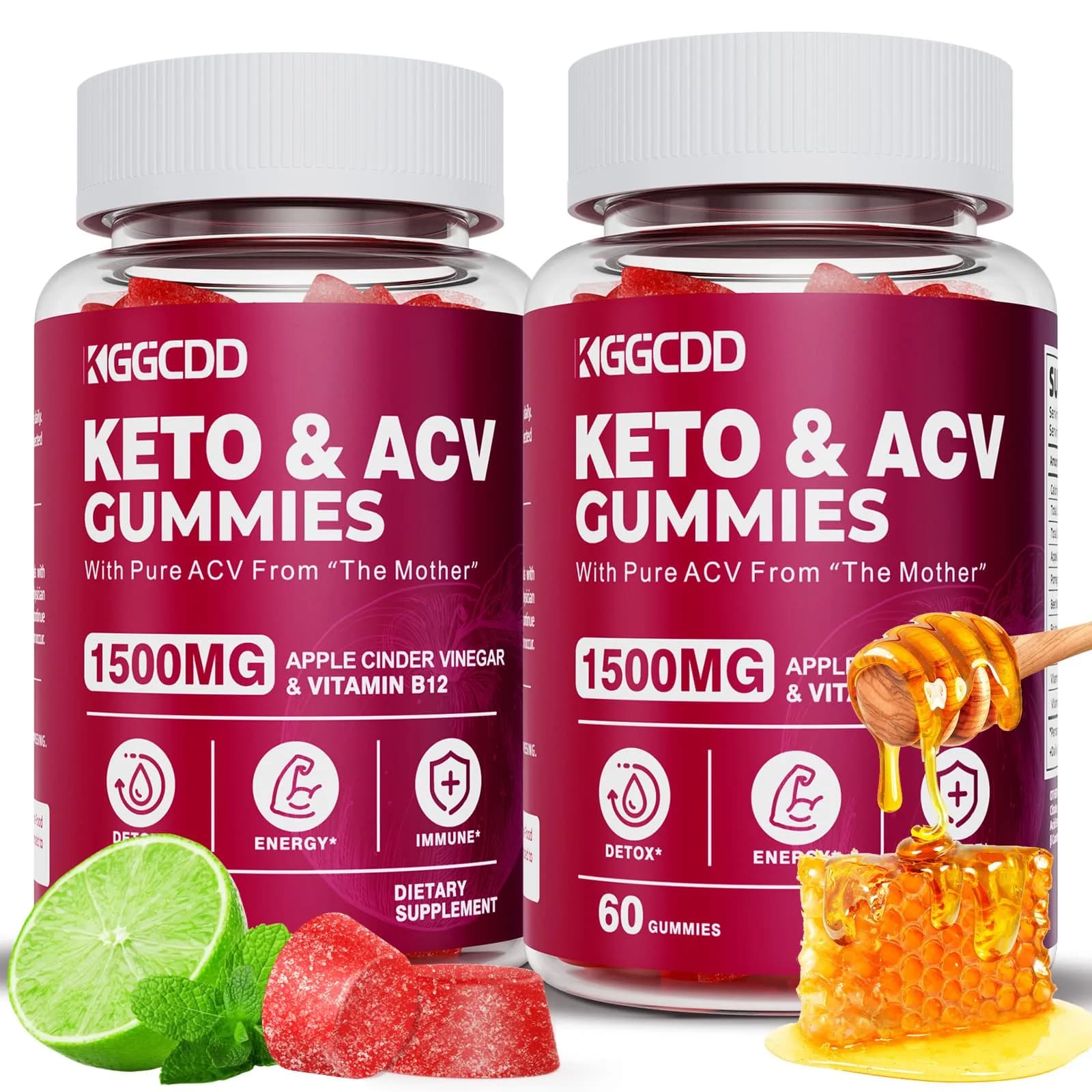 KGGCDD Apple Cider Vinegar Gummies 1500MG | Keto ACV Gummies, Vegan, Non-GMO (60 Count, 2 Pack) — Gummy