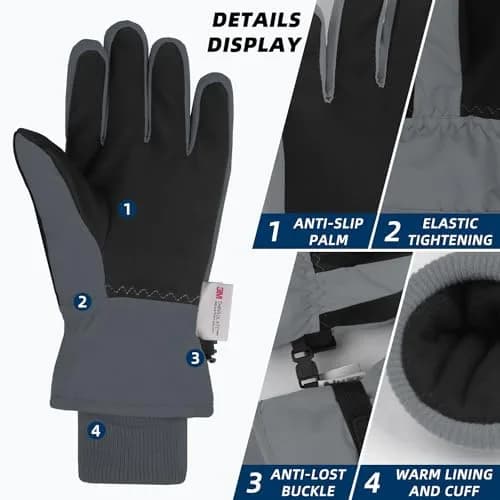 AMYIPO Kids Winter Snow Ski Gloves for Boys Girls, 3-4 Years (Gray) | Water-Resistant & Windproof thumbnail 2