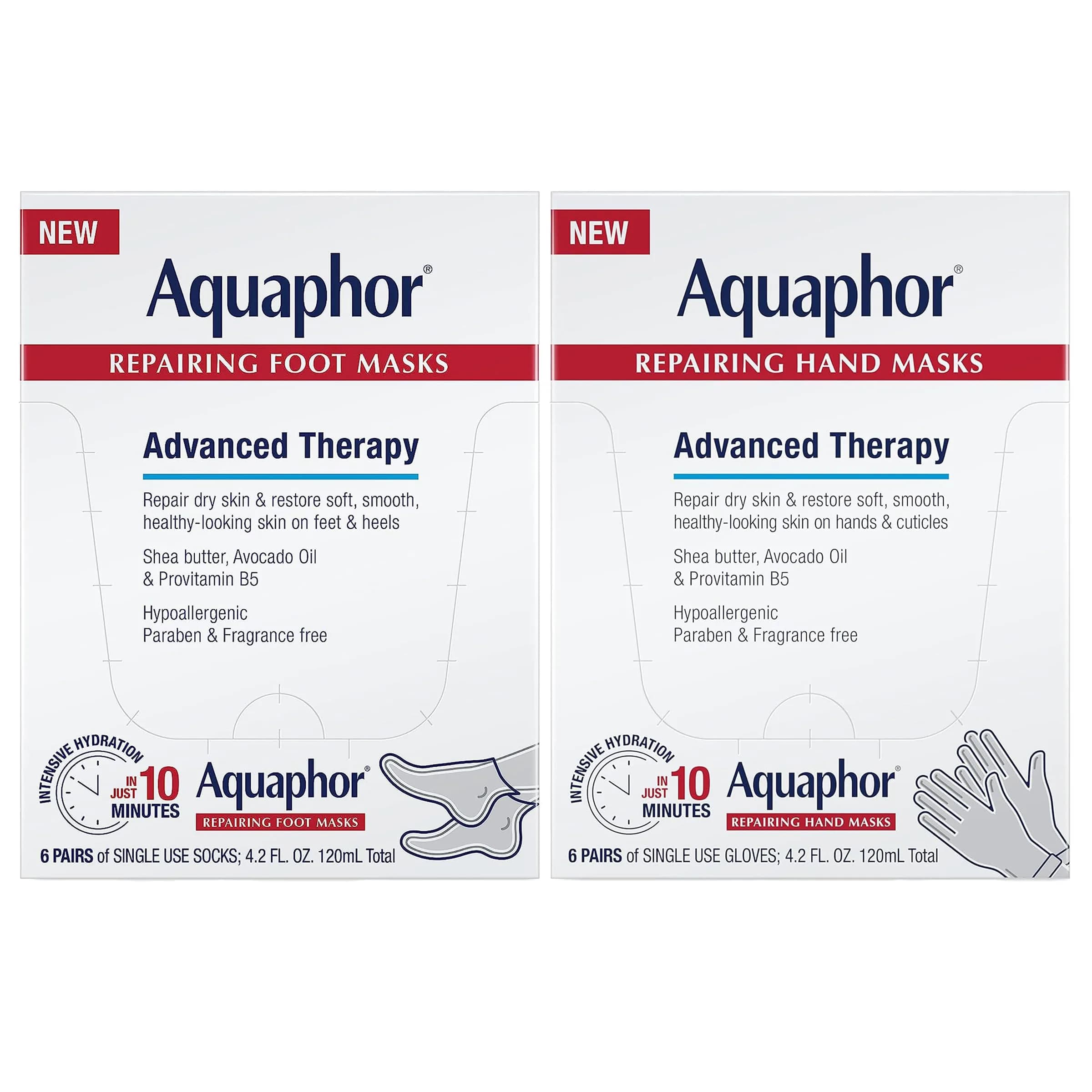 Aquaphor Repairing Foot and Hand Masks | Deep Hydration for Dry Skin, 6 Masks Each x 0.7 FL OZ - main product image