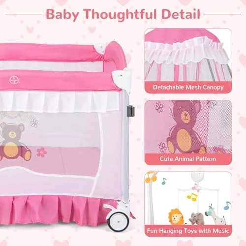 HONEY JOY 4-in-1 Pack and Play with Canopy | Foldable Baby Playard for Newborn & Toddler thumbnail 7